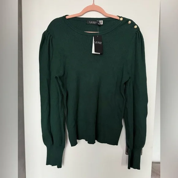 NWT New Lauren Ralph Lauren Dark Green Sweater Button Trim Retail $135 - Picture 5 of 8